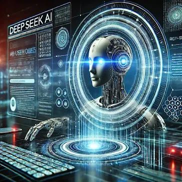 A futuristic 3D illustration of DeepSeek AI processing real-time user queries with advanced AI algorithms. The background features the website name "https://aimoneyvault.blogspot.com/".