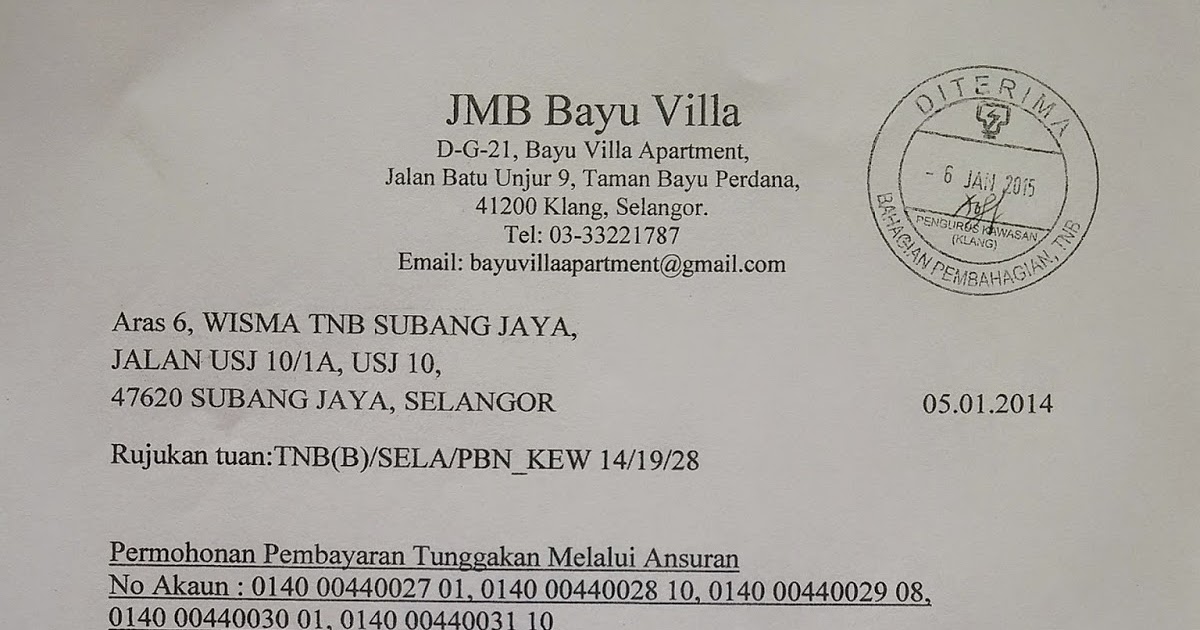 Contoh Surat Permohonan Bayaran Ansuran Tnb