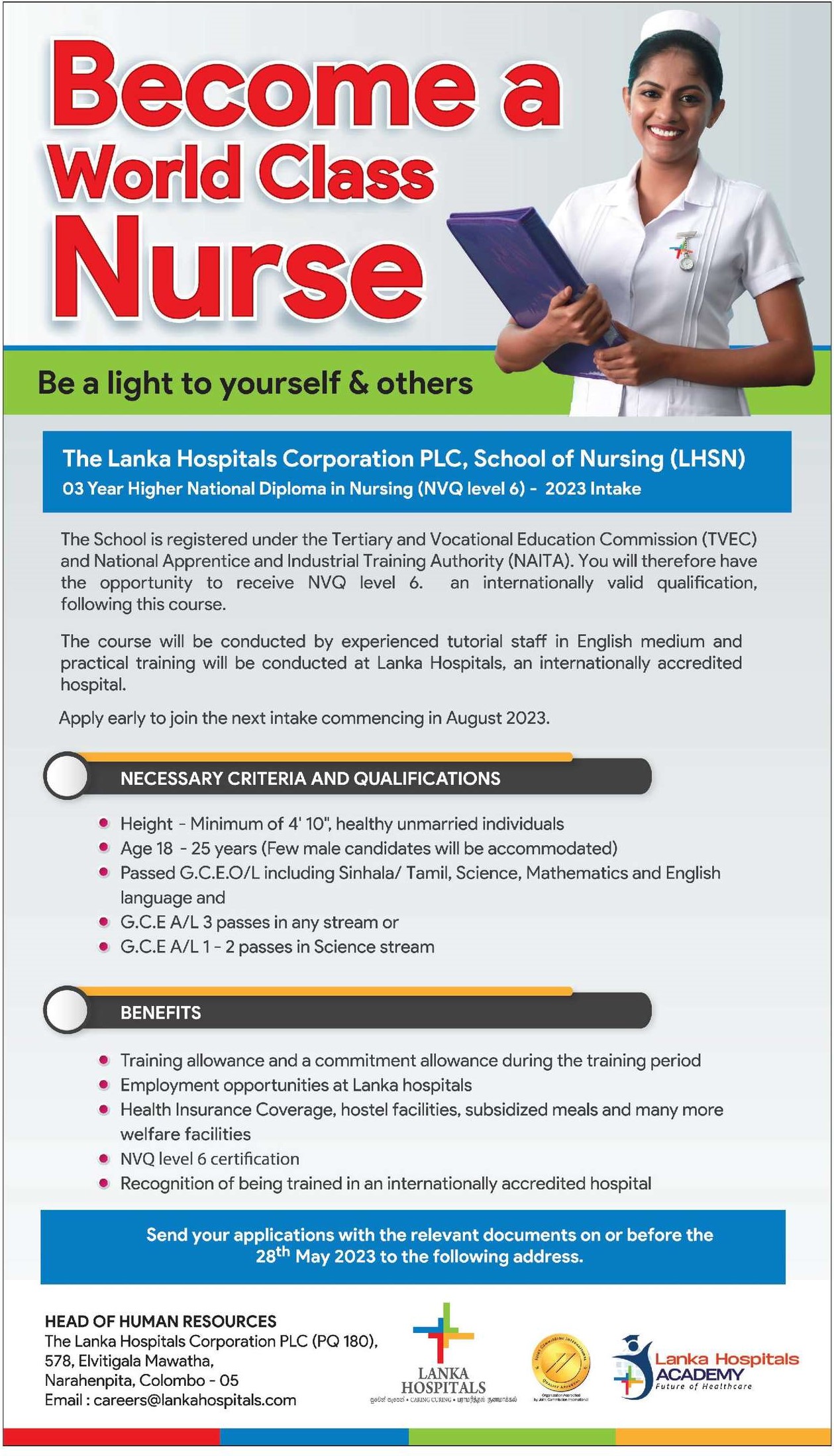 Lanka Hospital Nursing Training Application Form 2023