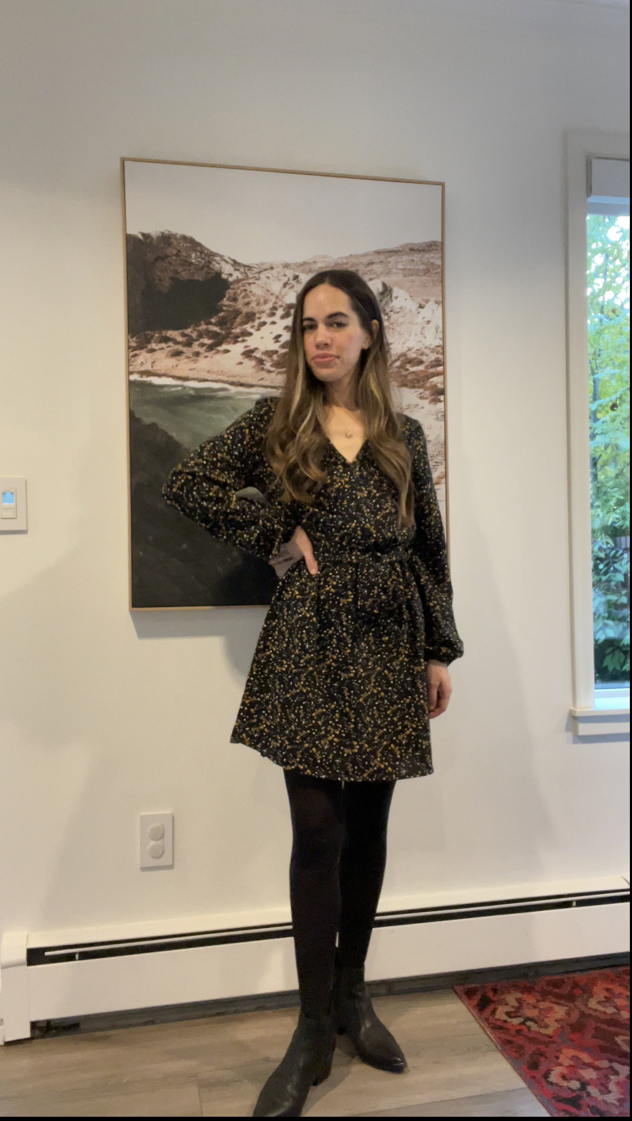 Jules in Flats - November Work Outfit (Long Sleeve Wrap Dress + Ankle Boots)