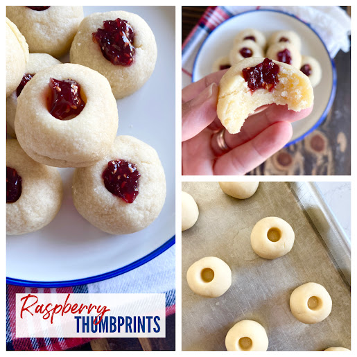 Collage of raspberry thumbprint cookies on a blue rimmed white plate on a plaid napkin.