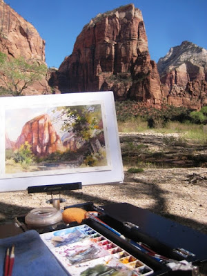 Roland Lee plein air painting of Angel's Landing in Zion National Park