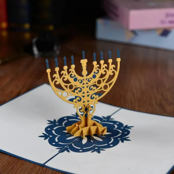 pop up menorah Hanukkah card displayed on table