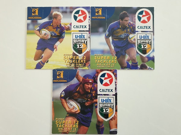 Caltex Rugby Super 12 Tacklers 1999 Cards Highlanders Cards 13, 14 and 15 featuring Jeff Wilson, Taine Randall and Josh Kronfeld