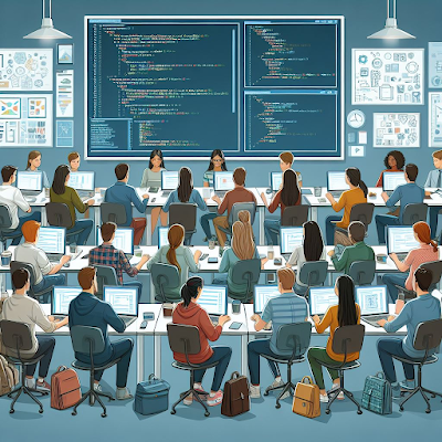 classroom setting with many students on computers