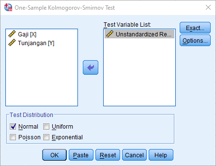 Kotak dialog One-Sample Kolmogorov Smirnov Test