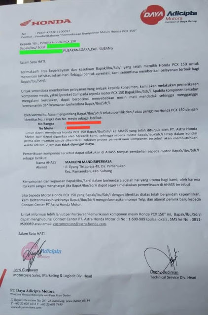 Surat "Recall PCX" dari Daya Adicipta Motora