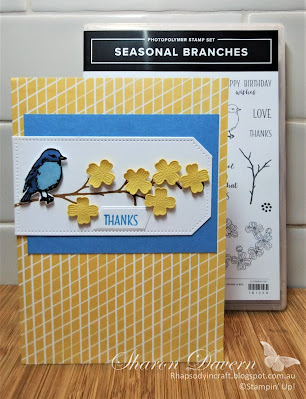 Rhapsody in craft, Azure Afternoon, Seasonal Branches, Seasonal Branches Dies, Seasonal Branches Bundle, Tailor Made Tag Dies, Something Fancy Dies, Les Shoppes DSP,  Thank you Card, Simple stamping, #colourcreationsbloghop, #rhapsodyincraft,#artwithheart,#stampinup,#loveitchopit,Stampin' Up!