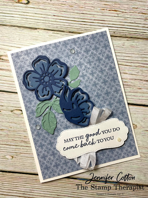 Handmade card using Stampin' Up!'s Shaded Summer set and Summer Shadows dies.  Uses Misty Moonlight Harvest Meadow DSP; Night of Navy, Basic White, Misty Moonlight, and Soft Succulent cardstock.  Better descripiton on video.  Jennifer Cotton