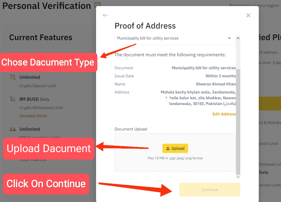In the next window, you have to verify yourself through a document. This document should be in the name of the person in whose name the Binance account is verified. Otherwise, your merchant account application will be rejected. I will complete document verification with the electricity bill. Upload the image of your bill in JPG or PNG format. If you click on continue, then your second step will also be verified.