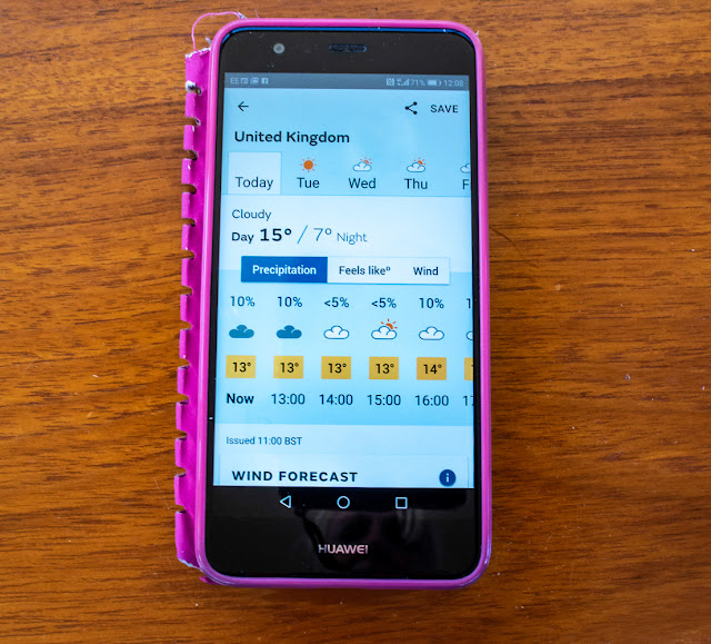 Photo of the Met Office app on my phone showing the UK forecast halfway across the Solway Firth