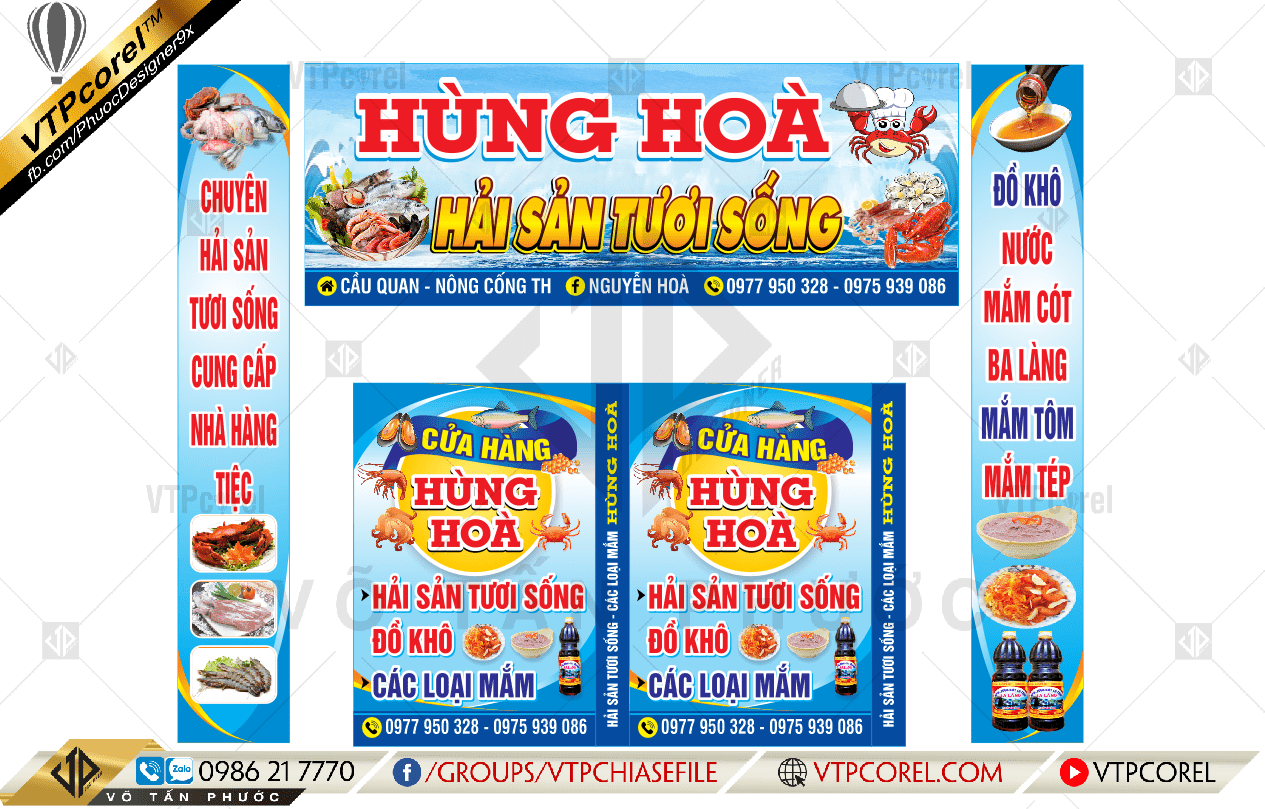 Bảng hiệu Hải sản tươi sống Hùng Hoà nổi bật CDR12