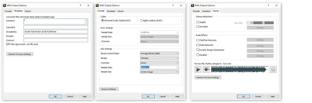 Encoder options windows for M4A encoding in Switch