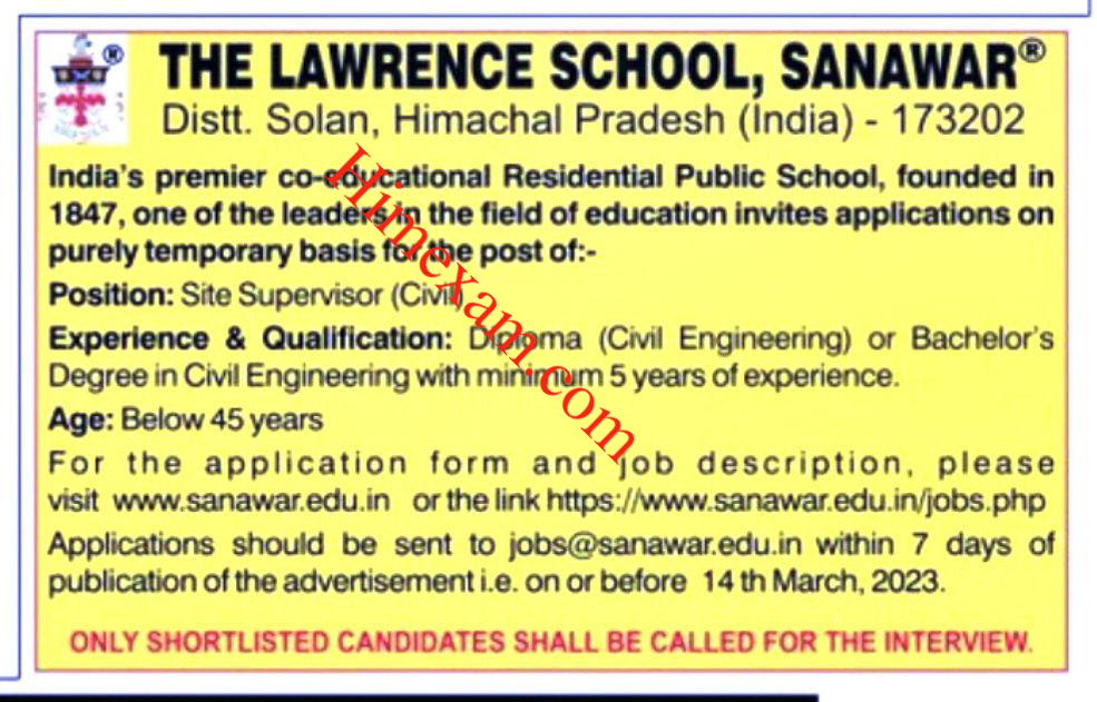 The Lawrence School, Sanawar(Solan)  Site Supervisor (Civil) Recruitment 2023
