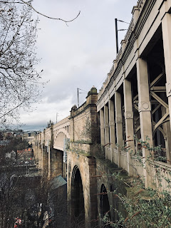 A view of the High Level Bridge from Gateshead showing the bridge curving around across the Tyne to Newcastle.  Photograph by Kevin Nosferatu for The Skulferatu Project.