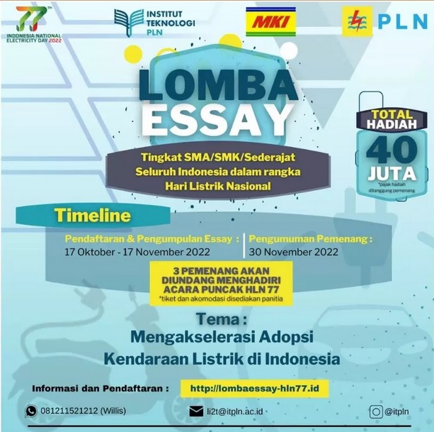 Lomba Essay tingkat SMA/SMK/Sederajat Se-Indonesia dengan tema "Mengakselerasi Adopsi Kendaraan Listrik di Indonesia"