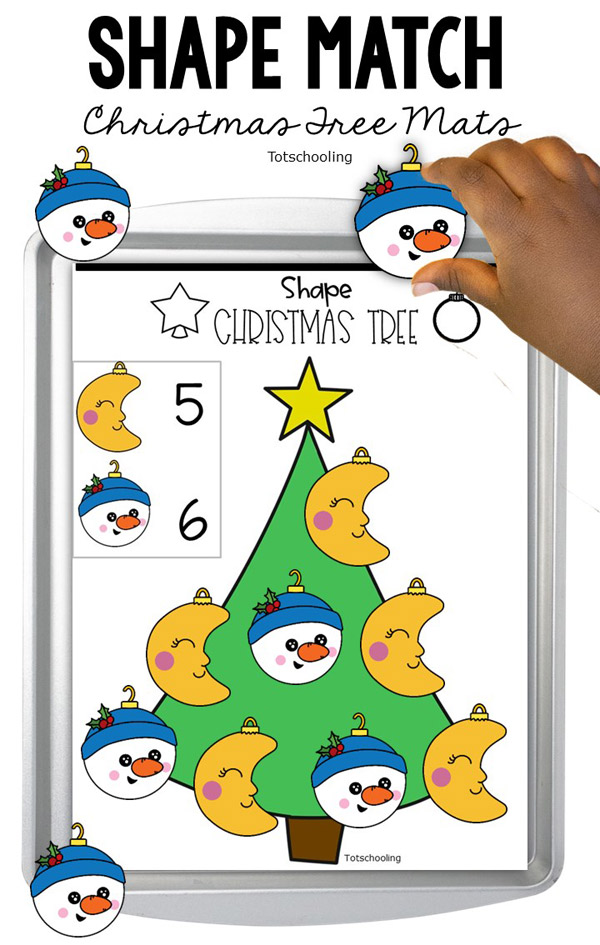 FREE printable Christmas themed Math activity for toddlers and preschoolers featuring tree ornaments, counting, number and shape recognition!
