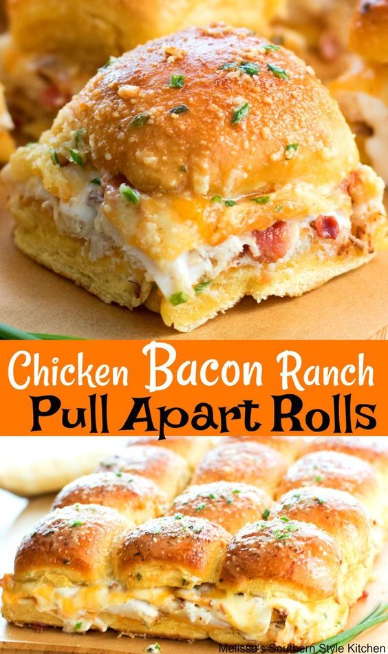 Chicken Bacon Ranch Pull Apart Rolls #chickenrecipes #chicken #bacon #footballfood #bacon #sliders #partyfood #food #recipes #appetizers #snacks #entertaining #bread #rolls #ranchdressing #lunch