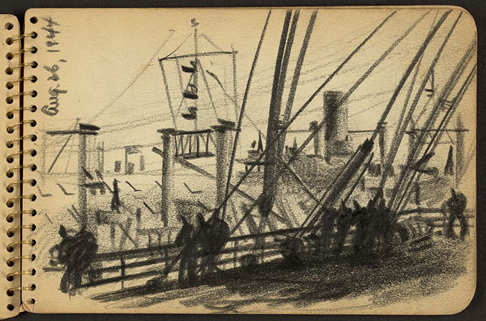 21-Year-Old WWII Soldier’s Sketchbooks Show War Through The Eyes Of An Architect - Soldiers Standing At Railing Of Ship In New York Harbor