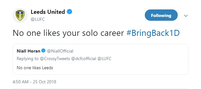 Leeds United respond to Niall Horan's tweet with a dig at the singer's solo career