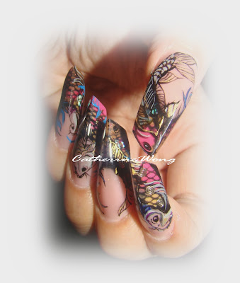 These nails are inspired by koi fish tattoos. I love tattoo arts but I guess 