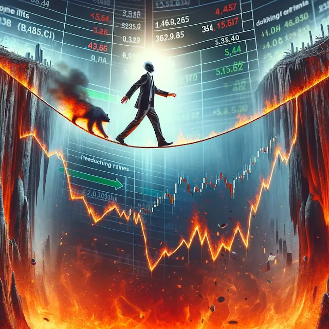 Man and his pet walking on a tight rope under fire. the stock market is in the back round.