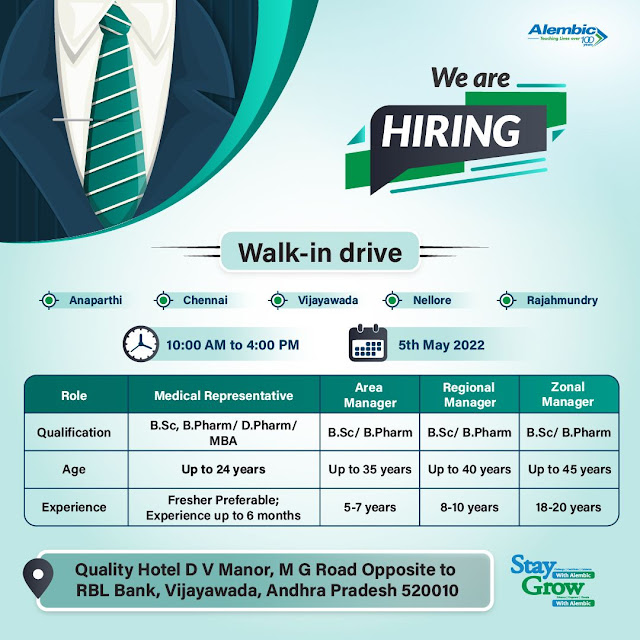 Walk-In Interviews for Freshers & Experienced Candidates on 5th May’ 2022 @ Alembic Pharmaceuticals – Vijayawada AndhraShakthi - Pharmacy Jobs