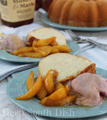 A perfect pound cake like Grandma' used to make, moist, tender, light, fluffy, creamy and buttery, all at the same time. Shown here with my skillet peaches.