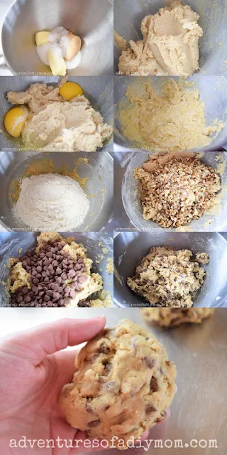 Collage of steps to making jumbo chocolate chip cookies