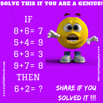 If 8+6=7, 5+4=9, 6+3=3, 9+7=8 Then 6+2=?. Can you solve this Logical Reasoning Brain Teaser?