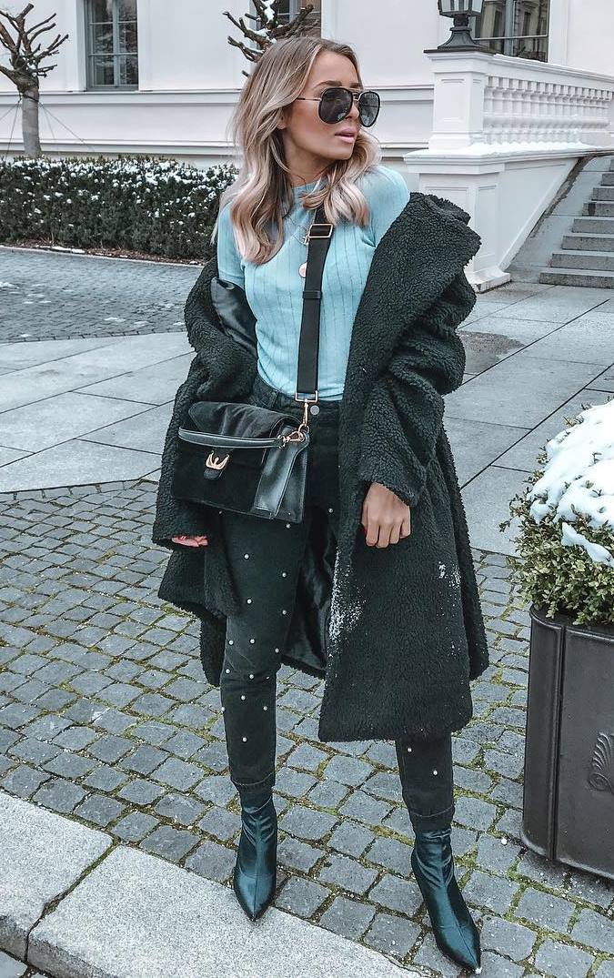 cozy fall outfit / coat + blue top + black skinnies + boots + bag