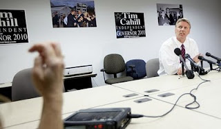 State Treasurer Timothy P. Cahill decried the ads targeting his independent run for governor yesterday at