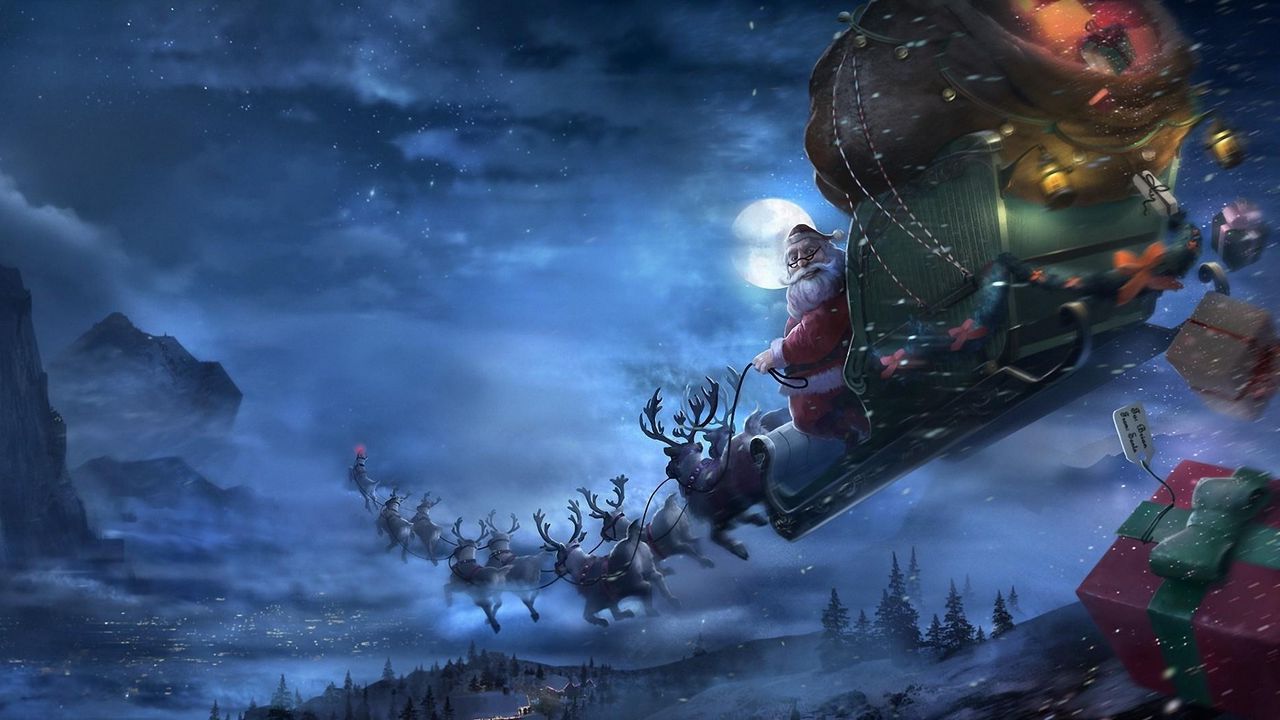 Wallpaper Santa Claus Reindeer Sleigh Flying Gifts Christmas