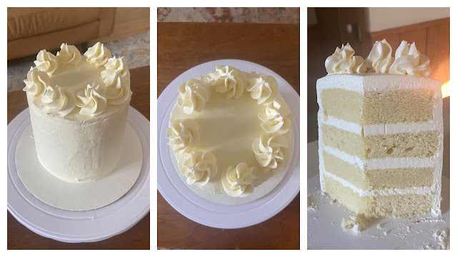 Three photos of the finished decorated cake, two showing the icing and one showing the interior of the cake.