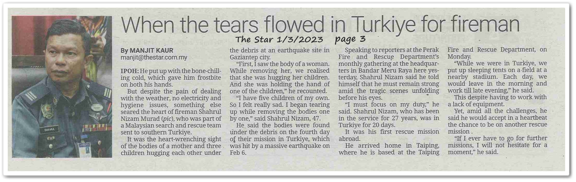 When the tears flowed in Turkiye for fireman - Keratan akhbar The Star 1 March 2023