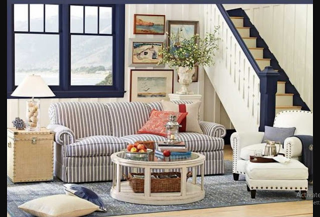 Colorful Cottage Living Room Ideas with blue white stripe sofa and white wall also blue carpet
