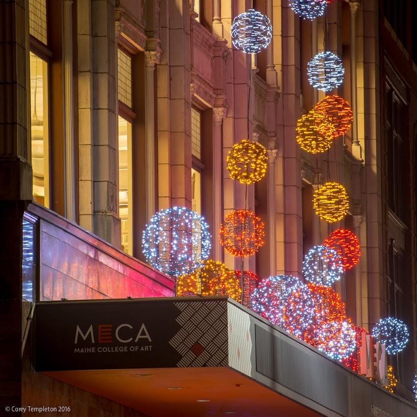 Portland, Maine USA photo by Corey Templeton November 2016 Pandora LaCasse holiday lights in front of Maine College of Art MECA on Congress Street. 