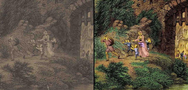 Before and after photos of colourised engraving Pilgrims Progress