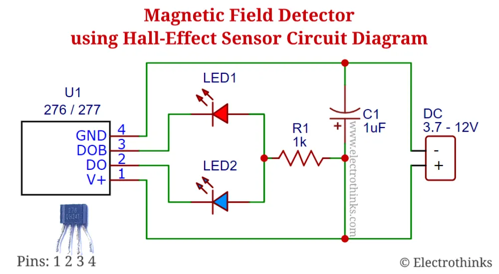 Schematic of Magnetic field detector using 276/277 Hall effect sensor circuit