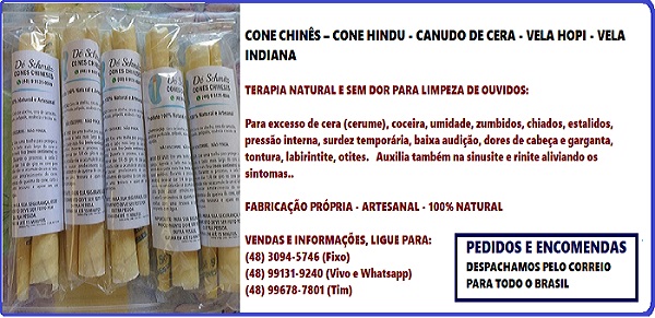 Serviços e produtos - Limpeza e desobstrução de ouvidos em São José SC - Atendimento presencial com hora marcada. Produção artesanal de cone chinês. Vendas no local, aceitamos pedidos e encomendas, com envio pelo correio ou transportadora.  Preços especiais para terapeutas e revendedores.  Fornecemos Nota Fiscal.