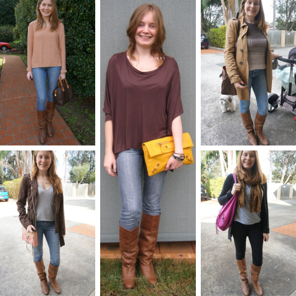 5 outfit ideas tan knee high boots with brown pieces in outfits awayfromblue