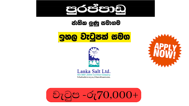 Lanka Salt Limited/  Assistant Manager, Salt Lake Officer, Technical Assistant, Technician, Electrician 