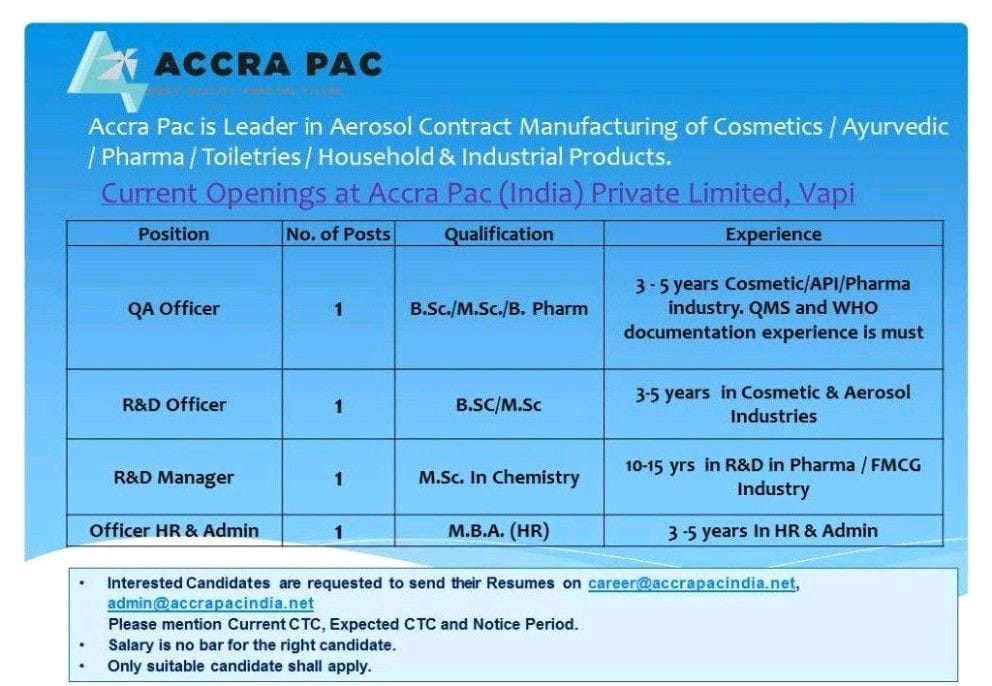 Job Availables,Accra Pac Job Vacancy For BSc/ MSc/ B.Pharm/ MBA HR