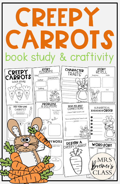 Creepy Carrots book activities unit with literacy companion activities and a craftivity for Kindergarten and First Grade