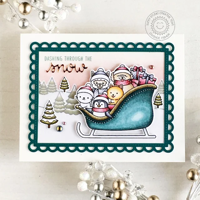 Sunny Studio Stamps: Sledding Critters Frilly Frame Dies Winter Scenes Winter Themed Holiday Card by Candice Fisher