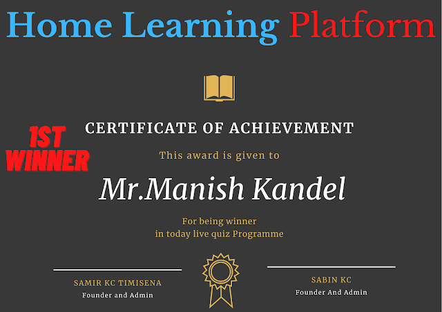  A Lot Of Congratulations For Being 1st Winner Mr.Manish Kandel || 8PM Live Quiz||(9/9/2020)