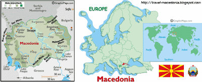 Small map of Macedonia + map with the position of Macedonia in Europe and world (with the flag and coat of arms)