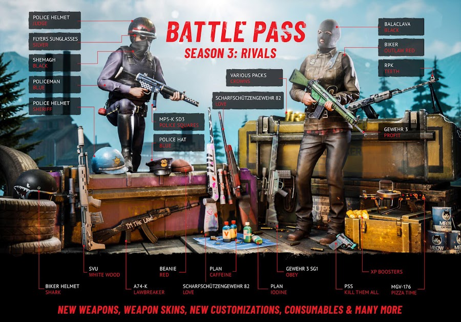 vigor update 3.0 rivals battle pass police helmet flyers sunglassess shemagh xp boosters biker helmet white wood rivals battle pass outlanders april 2020 xbox one bohemia interactive free-to-play multiplayer looter shooter game