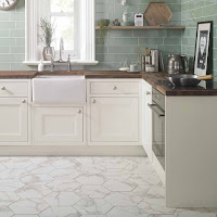 Amazing Hexagon Marble White Floor Kitchen Design Ideas
