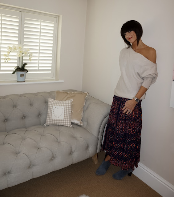 My Midlife Fashion, zara cashmere off the shoulder jumper, great plains tarim ladder lace maxi skirt, hush thornton ankle boots